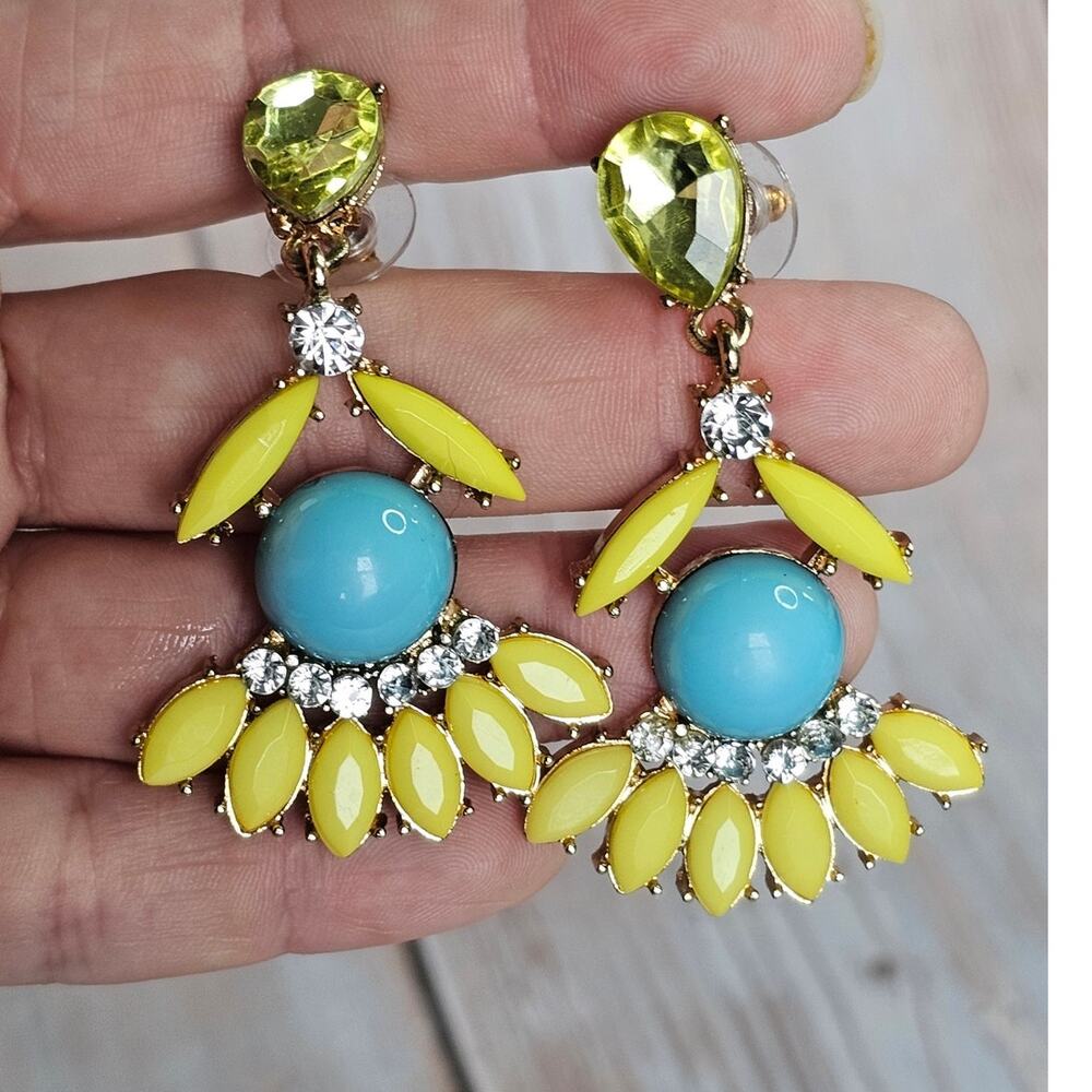 Vintage Blue Yellow Rhinestone Floral Chandelier Statement Earrings